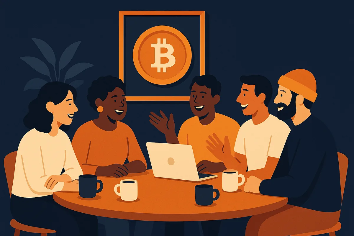 Illustration of a group of people talking around a table at a cozy bitcoin meetup