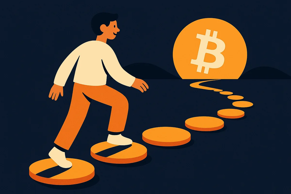 Illustration of a person stepping onto a path of glowing coins leading toward a rising bitcoin sun