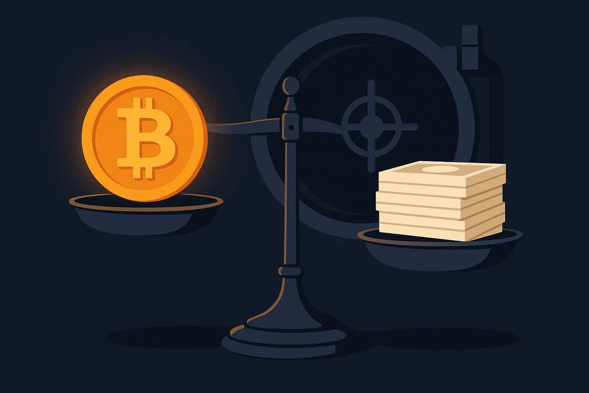 Illustration of a balance scale weighing a bitcoin coin against a stack of banknotes in front of a vault