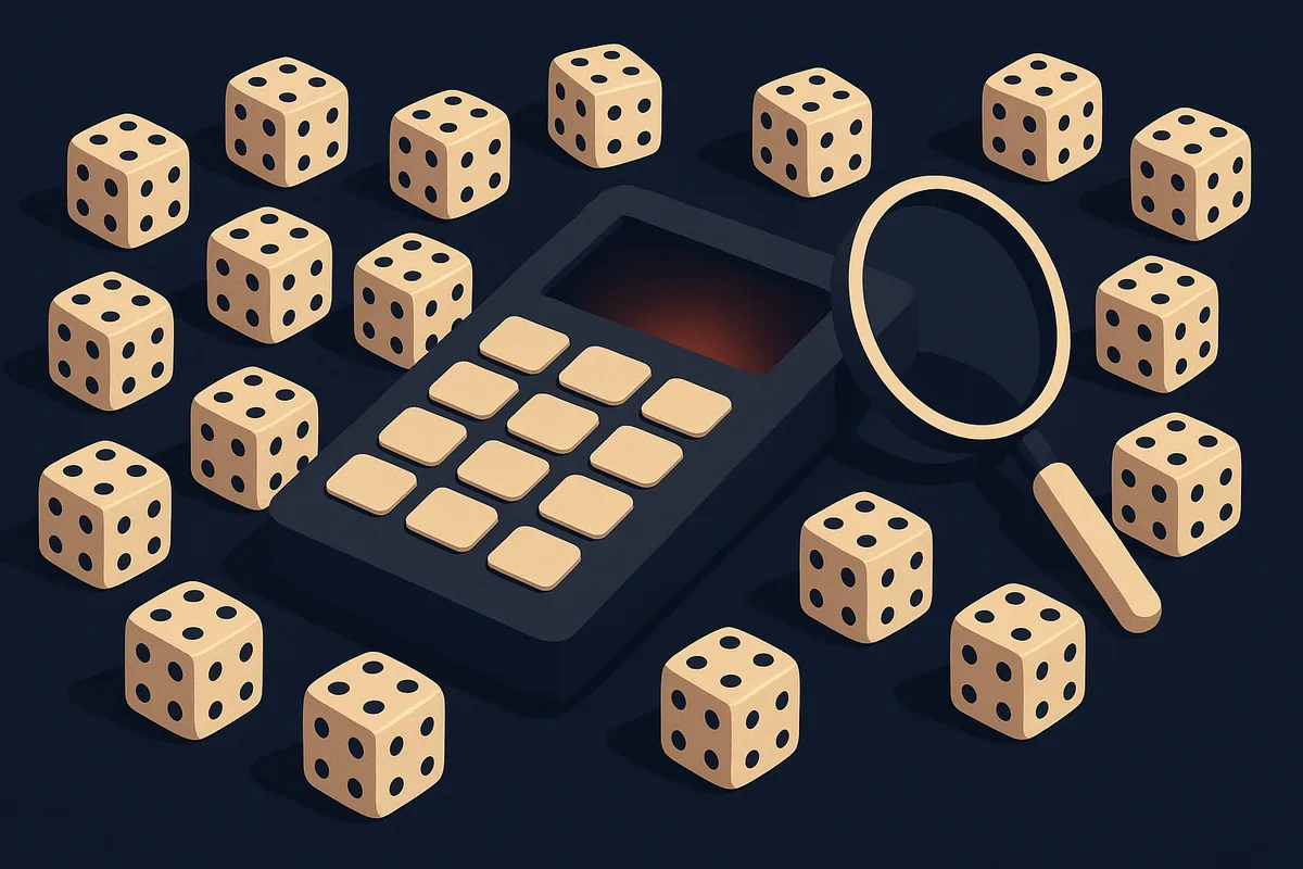 Illustration of a Coldcard-style hardware wallet surrounded by dice, its screen glowing red, examined by a magnifying glass