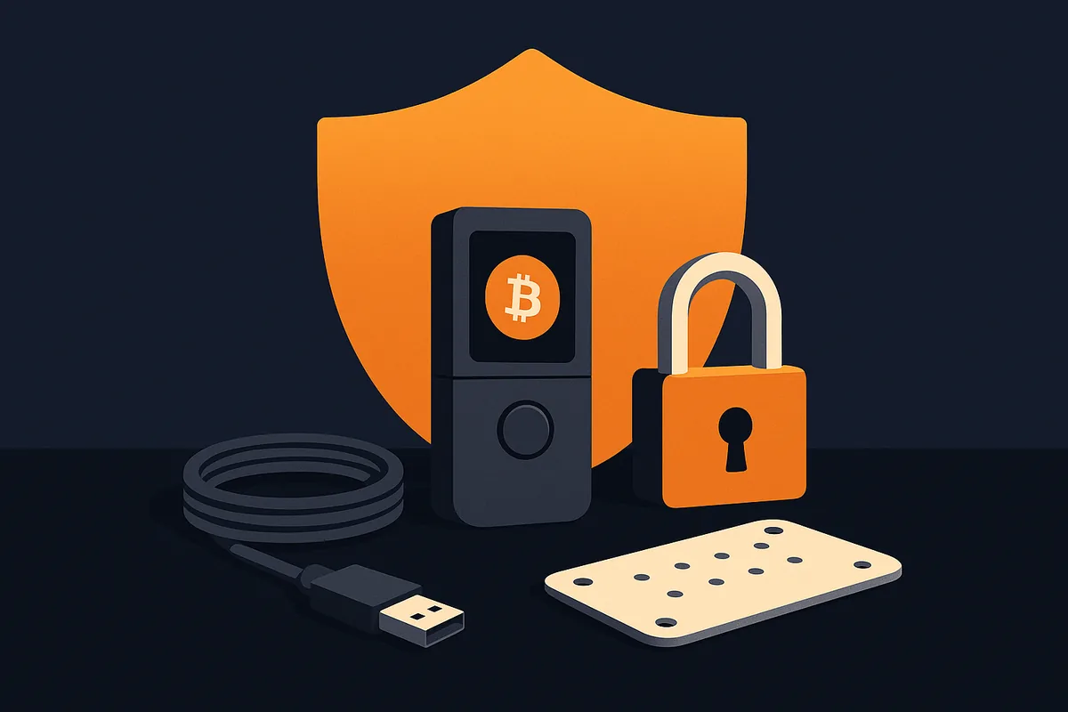 Illustration of a hardware wallet device in front of a large orange shield, with a padlock, USB cable and metal backup plate