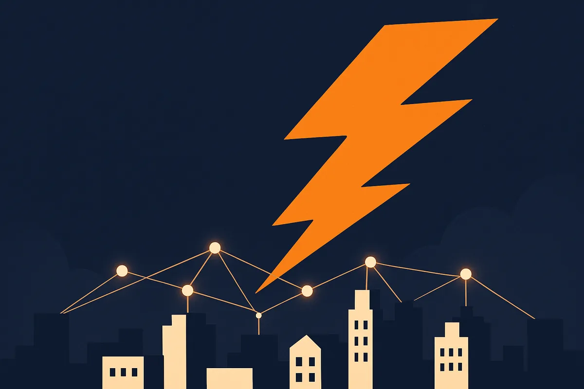 Illustration of a giant lightning bolt over a city skyline connected by a network of glowing nodes