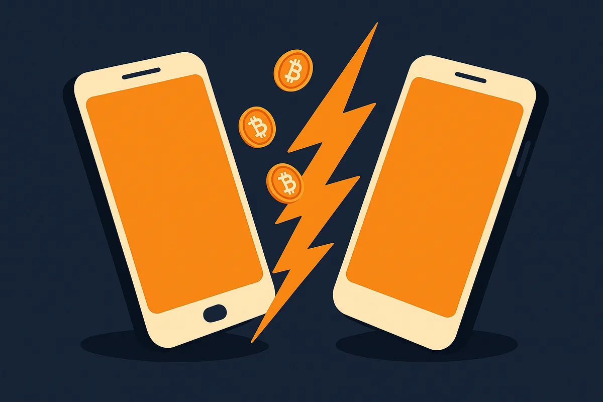 Illustration of two phones with a lightning bolt zapping bitcoin between their screens
